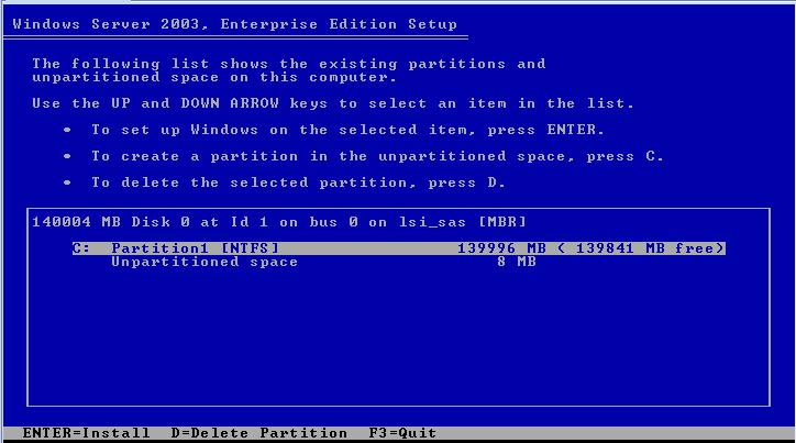 13. To accept the license agreement, press F8. A dialog appears that shows the existing partitions on the server s existing partitions and the unpartitioned space.