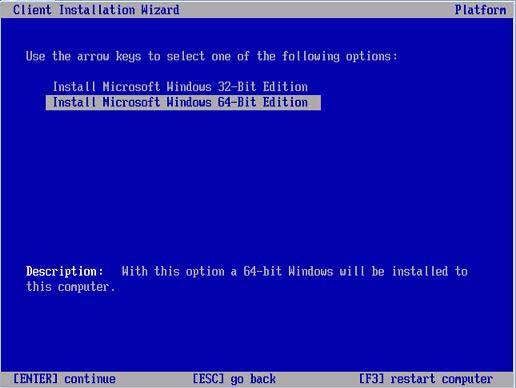 8. In the Windows Server 2003 version dialog, select the version (32-bit or 64-bit) you are installing, then press Enter. The Windows Server 2003 operating system platform dialog appears. 9.