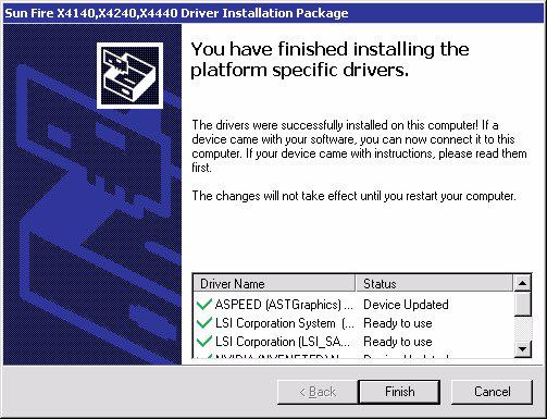 6. In the Driver Installation Pack dialog box, click Finish. The System Settings Change dialog box appears.