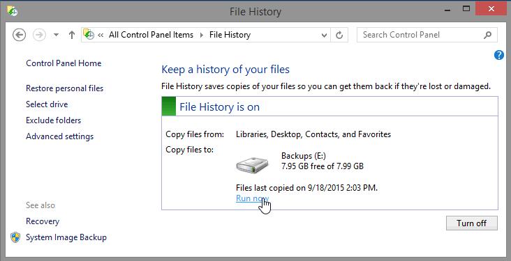 d. File History will save your data files when you turn it on. It displays a timestamp of the save in the File History is on box.