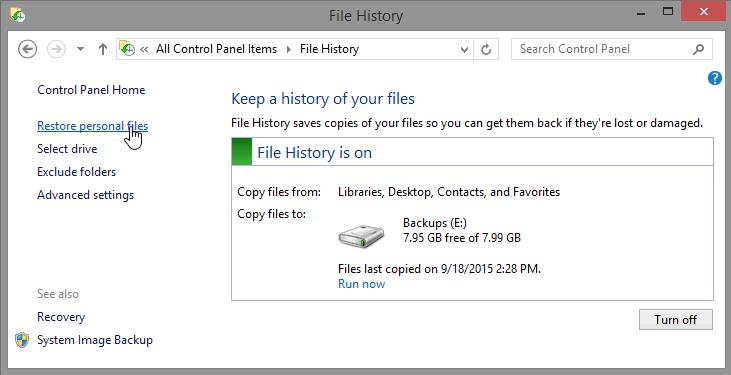 Step 3: Run File History a second time. In the File History window, click Run now. This will create a backup of the files you just created on the desktop.