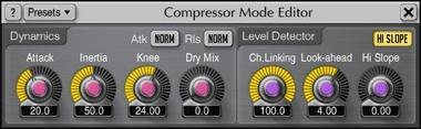Compressor Mode Editor This popup window gives you means of deep compression algorithm tuning. This window contains several parameter blocks that affect specific aspects of the compression algorithm.