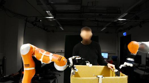 We then present the coordination of the arms with the object by moving it inside the workspace of the robots. We used a box as an object, whose edges are specified as the feasible reaching points.