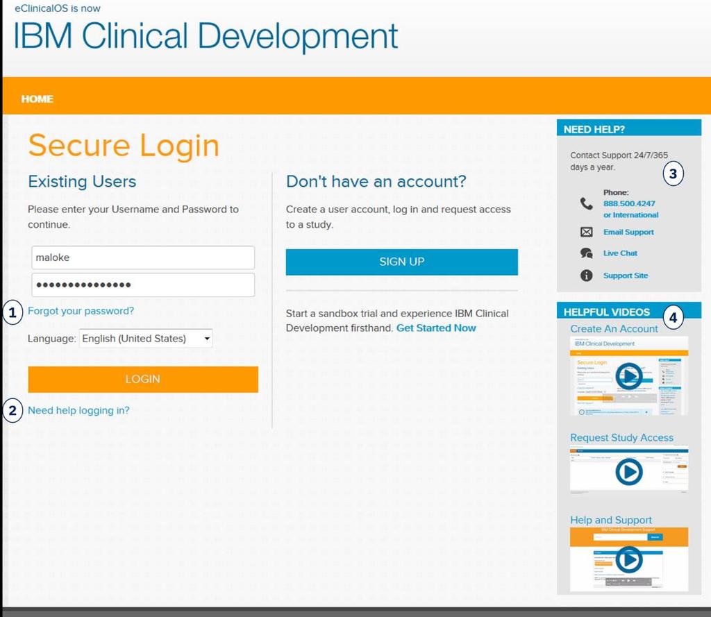 IBM Clinical Development 28 HELP WITH LOGIN There are 4 options for help on the login screen. 1. Forgot your password? This wizard can send a reminder for your ID or password.