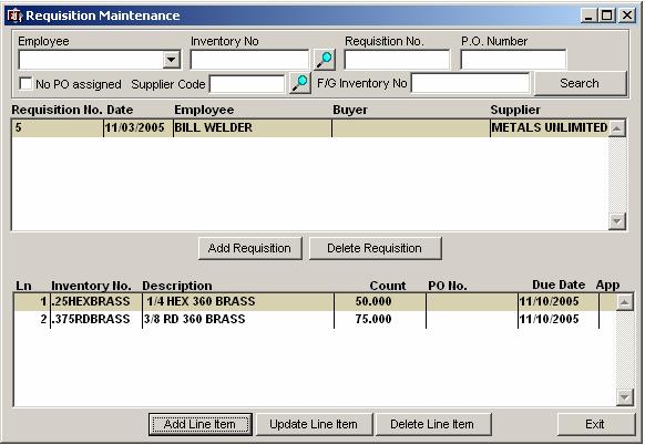 REQUISITION MAINTENANCE Visual EstiTrack s Requisition Maintenance form below provides a versatile tool that allows the shop floor associates create requisitions for materials or services and