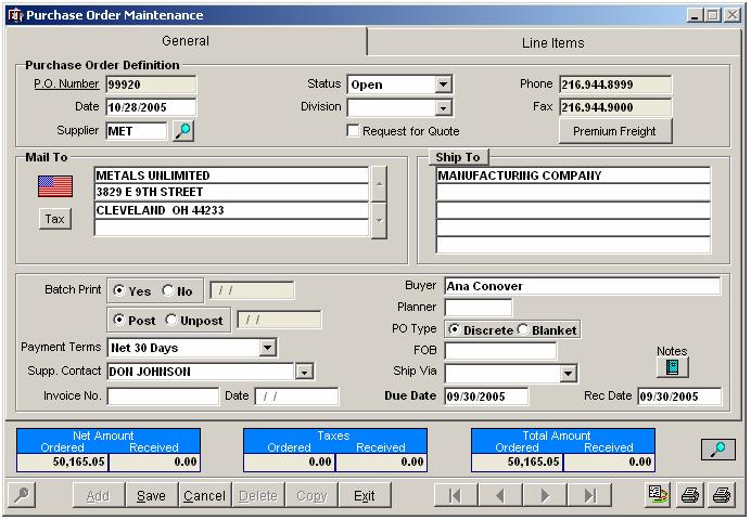 PURCHASE ORDER MAINTENANCE Visual EstiTrack s Purchase Order Maintenance subsystem provides the ability to create, track and keep up-to-date on all purchasing records required for all purchases