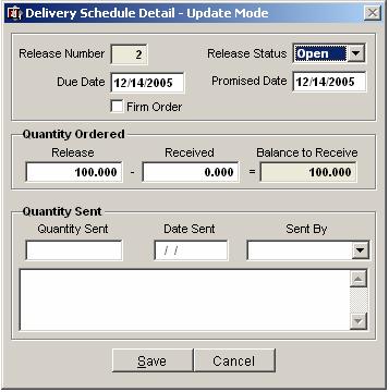 Delivery Schedule Detail The Delivery Schedule Detail form displayed below is used to either add a receipt release or maintain existing releases.