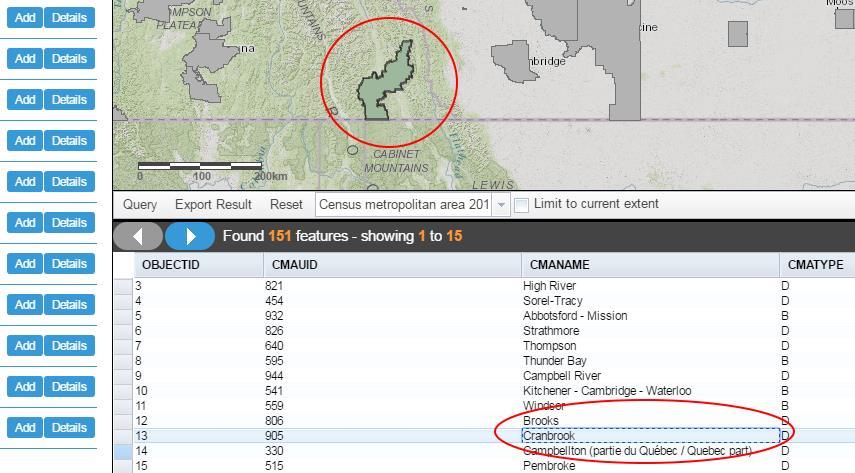 3. Clicking on a feature in the table will highlight the feature on the map.