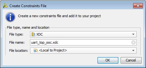 Step 2: Preparing Design Constraints 5. Click OK. Figure 34: Create Constraints File dialog box TIP: For Xilinx delivered IPs, the Out-of-Context XDC file has _ooc appended to the filename.