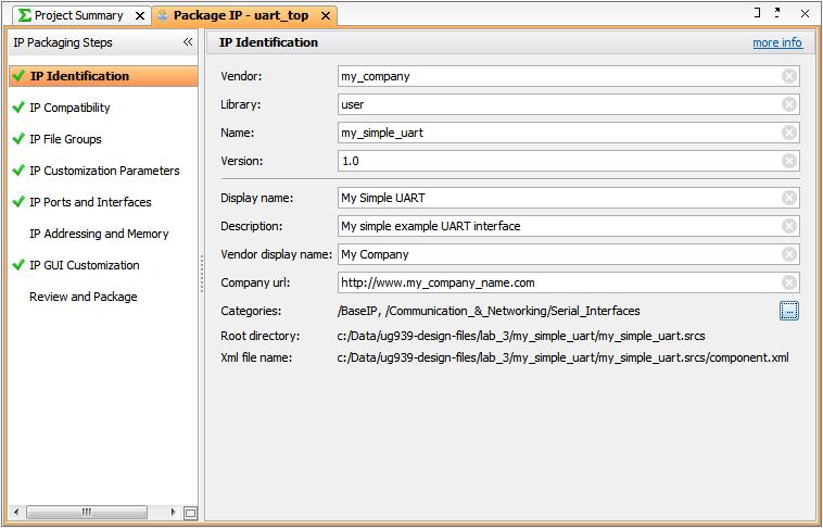 Step 3: Packaging IP Modifying the IP Definition Figure 41: Editing the Default IP Definition The Package IP window shows the current IP identification information, including Vendor, Library, Name,