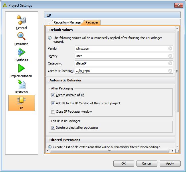 Step 3: Packaging IP Figure 48: Project Settings Package IP After closing the Project Settings dialog box, the Review and Package pane will refresh with the updated settings.