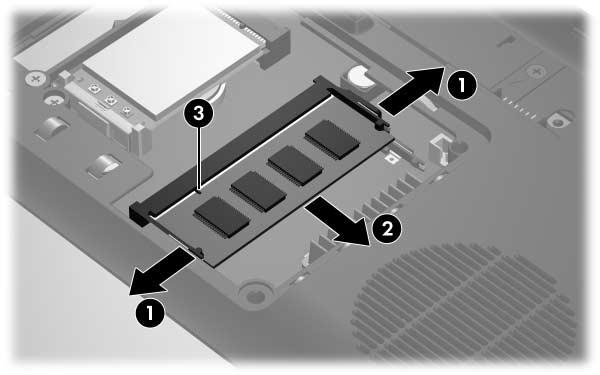 Removal and Replacement Procedures 4. Spread the retaining tabs 1 on each side of the memory module socket to release the memory module.