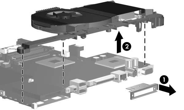 Removal and Replacement Procedures 6. Slide the expansion port 2 bracket 1 away from the system board. The spare part number for the expansion port 2 bracket is 407863-001. 7.