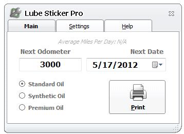 Lube Sticker Pro Setup Main Screen From this screen you will see the calculated Next Odometer and Next Date. You can change between your three oil intervals and it will recalculate the values.