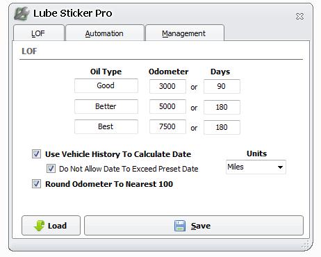 Note: The odometer will be read from the odometer box in your shop management software before the calculations are applied, so make sure these values are filled in before loading Lube Sticker Pro.