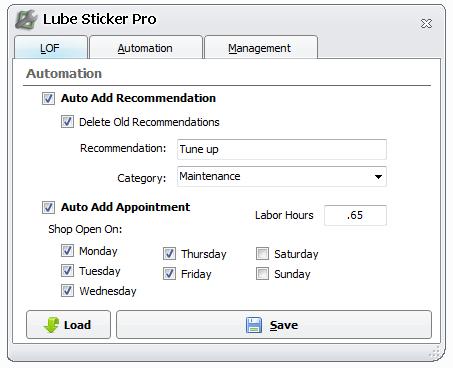 Automation Auto Add Recommendation: Check this to automatically add a recommendation to the vehicle after printing a lube sticker.