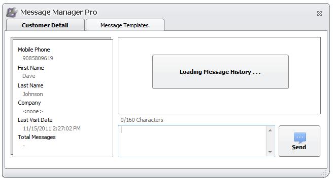 Send Message Screen From this screen you will be able to send a new message to a specific customer and view your messaging history with that customer.