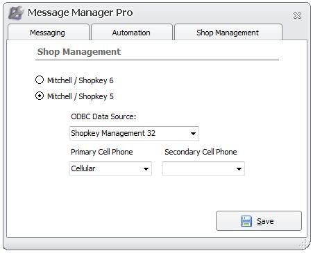 Shop Management Shop Management Type & ODBC Data Source: This area will tell Message Manager how to link up and get data from your shop management software.