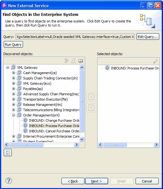 Configuring the selected objects After selecting the XML Gateway interface, you can specify other properties that apply to the selected
