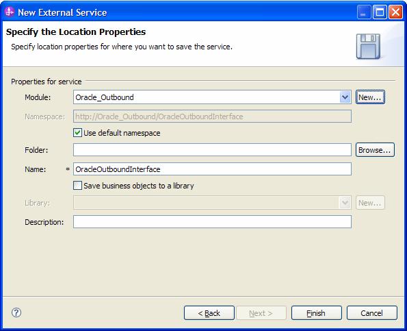 b. In the Integration Project window, confirm that Create a module project is selected and click Next. c. In the Module window, type Oracle_Outbound, and click Finish. d.