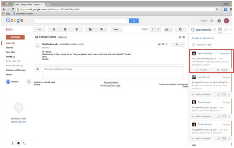 Inbox 2. Scroll down to find a suggested task. The text snippet in the card shows the body of the email that Salesforce Inbox clued in on. 3.