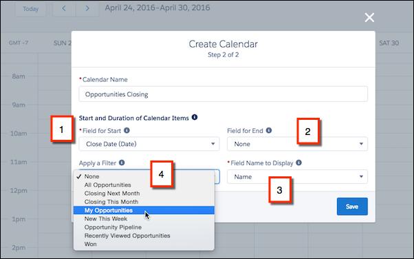 Events and Calendars 3. Select fields that determine what the calendar displays (1, 2, 3). If you want, filter the calendar items by selecting a list view (4).