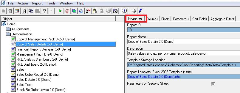 Defining Report Properties Alchemex Report Properties The report type (Standard, Dataless, Sub query or Union) mainly determines which standard tabs are available on the selected Properties window.