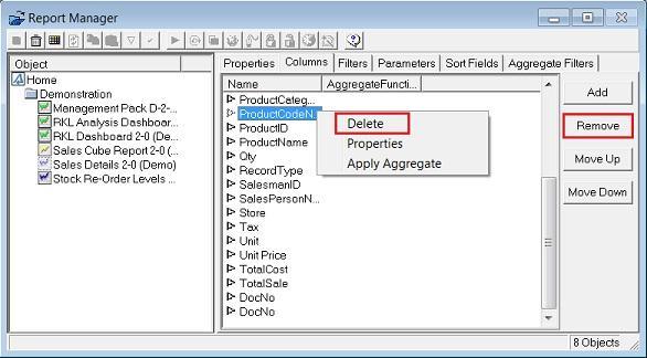 Deleting Columns 1. From the Properties window, right click on the desired column. 2. Click Delete. or 1.