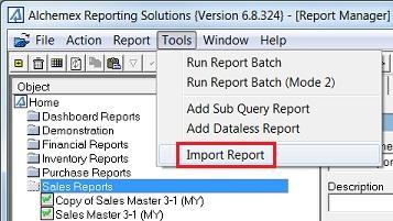 To import a Report into Alchemex from an export file see Importing a Report.