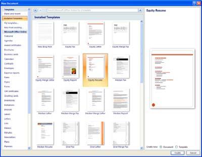 Templates provide the basic format of a document. Click on the Microsoft Office Button and then click on New. The Templates section displays templates available on the computer.
