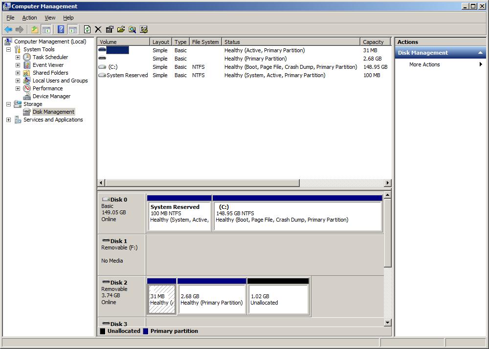 Figure 2: Windows 7 Run Command (d) The Computer Management window (see Figure 3) will open. Select Disk Management on the left (see Figure 3, #1).