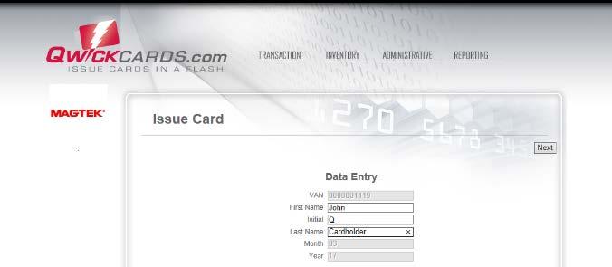the host system. The results of the lookup are shown in a grid. Click on the line representing the card to be issued to this cardholder. Control will advance to the Data Entry page.