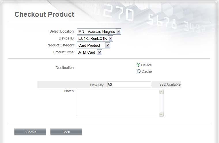 4 - Inventory Functions 4.3 Check Out Product The Check Out Product function records taking product from the vault and placing it in a CPD (decrements product count in the vault).