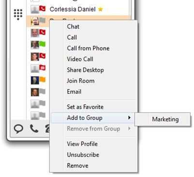 Remove from Group Select the group from the list you wish to remove the contact from Contact Options: View Profile You can view a contacts profile: Right click on the contact and select View Profile
