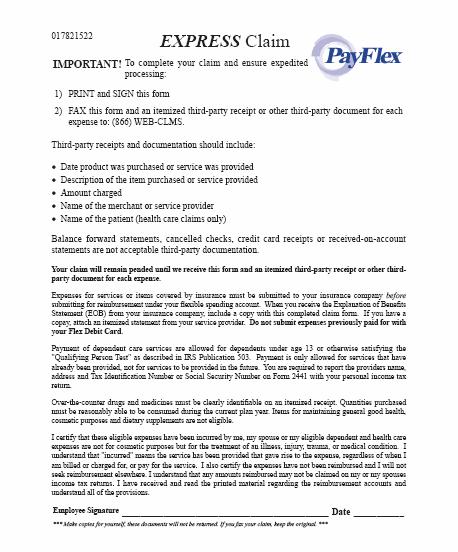 Sample Web Claim Coversheet to print and sign and fax to PayFlex Supporting documentation includes an Explanation of Benefits (EOB) and/or itemized receipts.