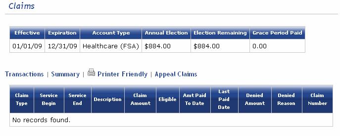 Below is a sample screen of what you will see after you click on the Claims link. Claim Type: The method you used to submit the claim (debit card, web via express claims, mail).