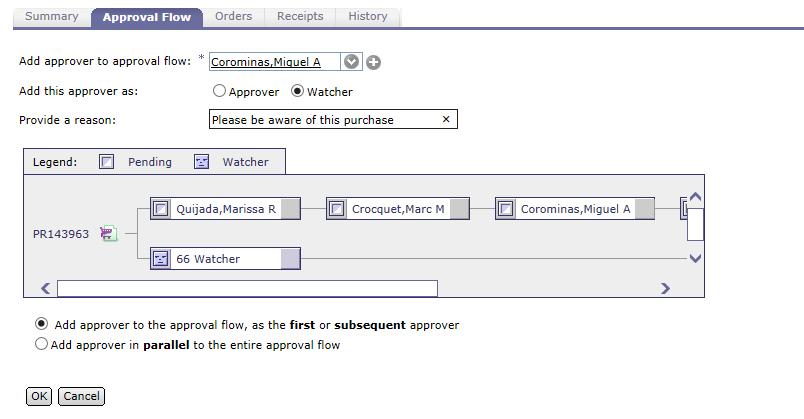 20 4. In the Add this approver as: field, click the radio button next to Approver or Watcher to select approval type. a. Approvers must approve the requisition before it can be ordered.