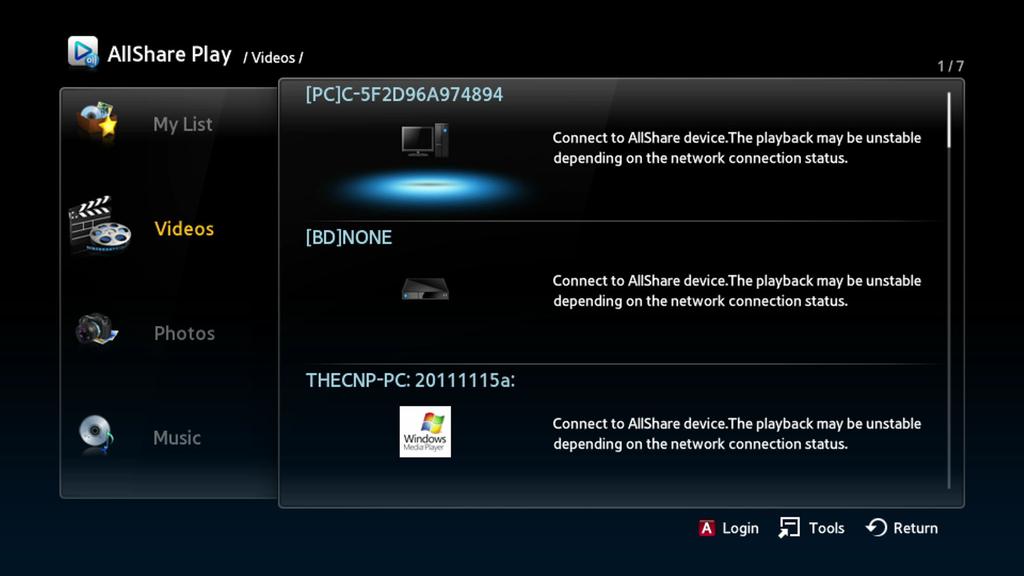 Selecting a Device on Your Player's AllShare Play Screen 1 Connect the desired devices to your wired/wireless network.