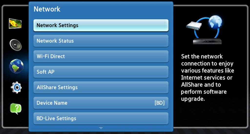 other end to a router or modem. 2 On the Home screen, move to <Settings>, and then press the s button.