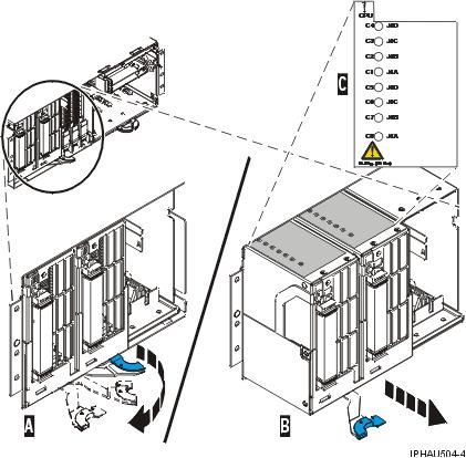 4. As shown in the following figure, push the blue lever (A) to the left and out from the system to unlock the system backplane assembly, then use both hands to pull the system backplane assembly (B)