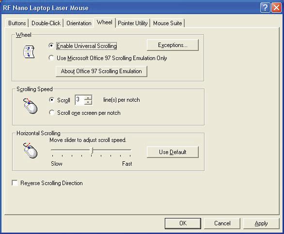 Adjusting the wheel settings To adjust the wheel settings: 1 To select the wheel scrolling method, click: Enable Universal Scrolling Uses common scrolling functions.