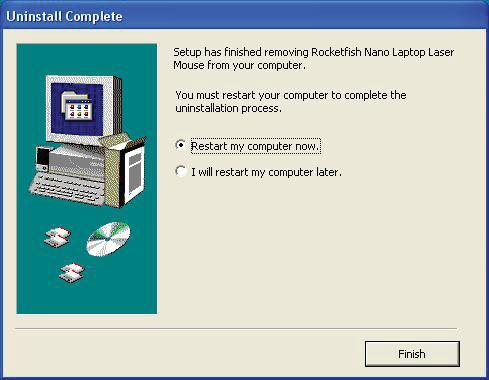 4 When the uninstallation is complete, click OK to continue. The Uninstall Complete screen opens. 5 Click Finish. Your laptop restarts and the uninstallation is complete.