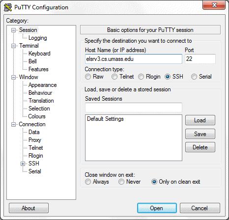 Logging In for the First Time (Windows PC) Run PuTTY. You will initially see a Configuration screen as shown below. For this class the Host Name will always be elsrv3.cs.umass.