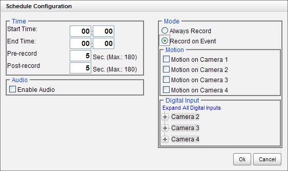 Always Record: Always record. Record on Event: Record when events triggered. The event can be triggered by Motion or Digital input.