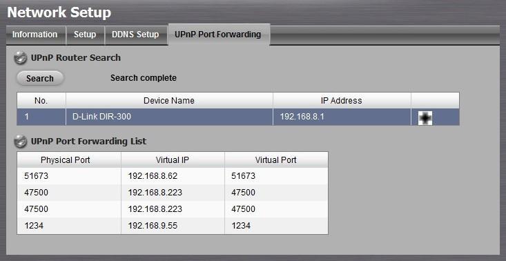 6. After selecting one of searched routers, click the icon to set up port-forwarding to this router automatically. You will find ports of setting, liveview, playback and CMS are listed.