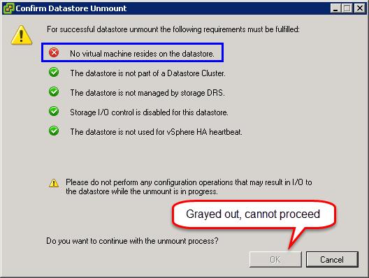 VMware vsphere and EMC VMAX must be corrected before the unmount is allowed. Note in Figure 59 how the OK button is grayed out because a virtual machine resides on the datastore.