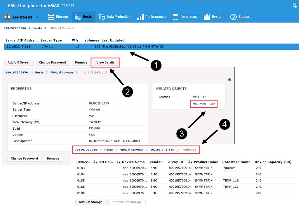 Management of EMC VMAX Arrays Figure 93 Viewing ESXi host details with Unisphere for VMAX v8.