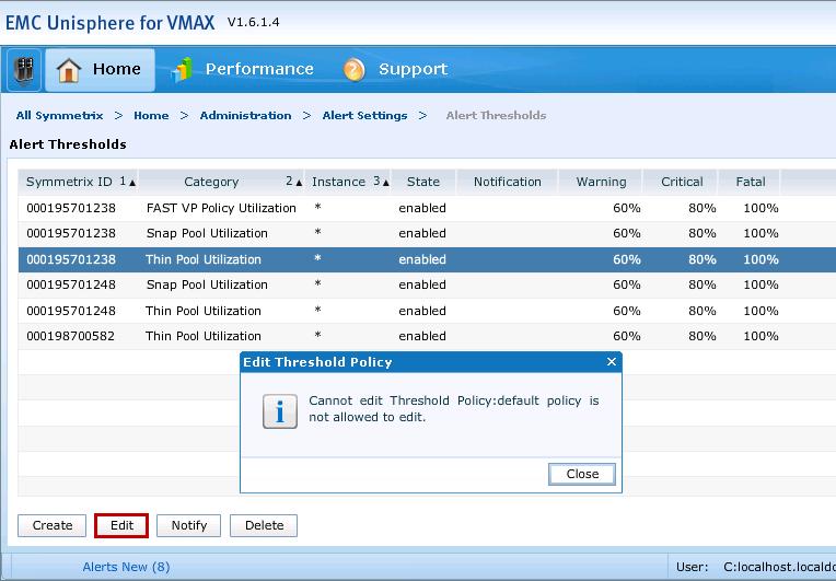 Management of EMC VMAX Arrays Figure 122 Thin device allocation alert within EMC Unisphere for VMAX Such alarms and alerts allow the VMware administrator and system administrator to be aware of the