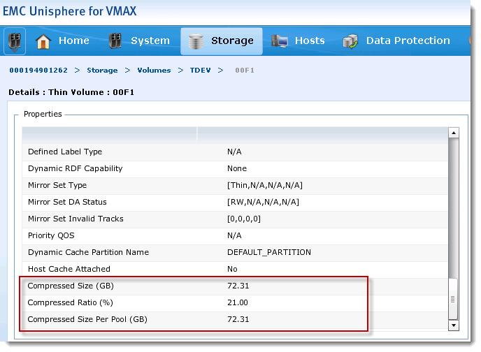 EMC Virtual Provisioning and VMware vsphere Figure 125 Viewing thin device-specific compression information When a user chooses to compress a device, only allocations that have been written will be