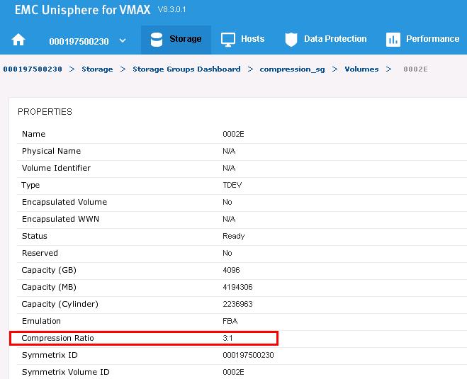 EMC Virtual Provisioning and VMware vsphere Figure 131 Compression ratio for a VMAX All Flash device Using Solutions Enabler, it is also possible to obtain this